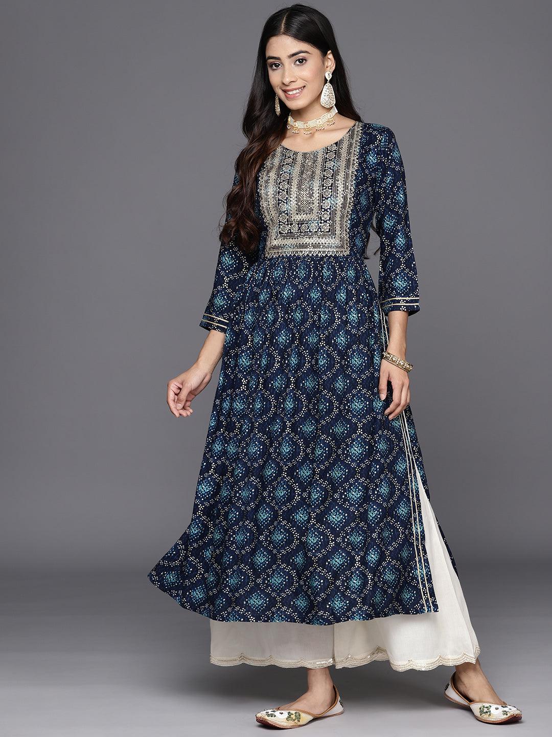 Navy Blue Printed Rayon A-Line Kurta - Libas 