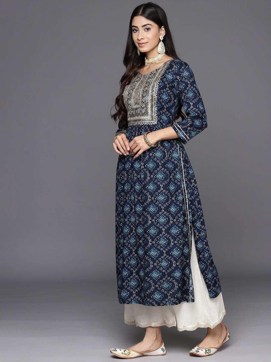 Navy Blue Printed Rayon A-Line Kurta - Libas 