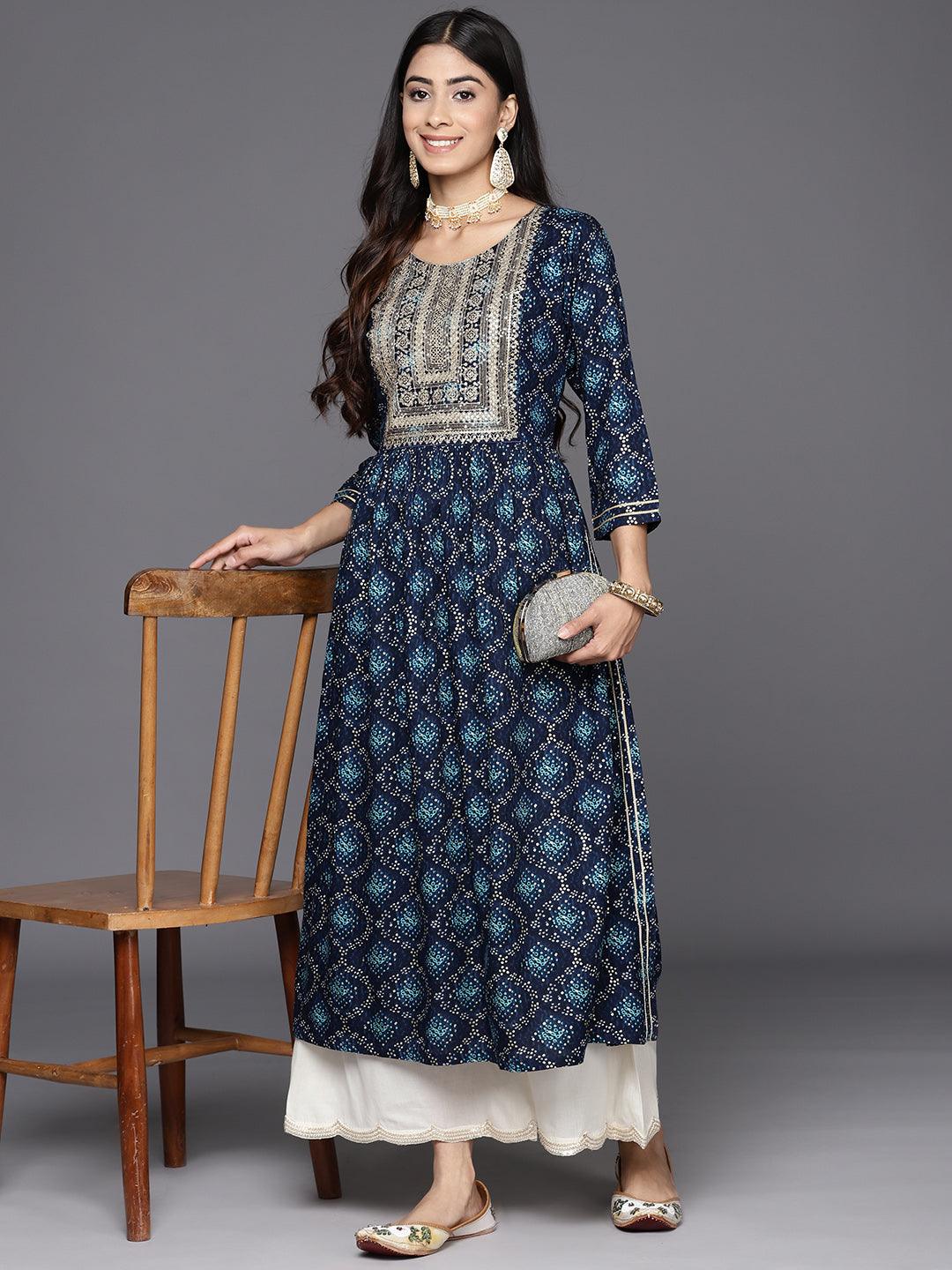 Navy Blue Printed Rayon A-Line Kurta - Libas