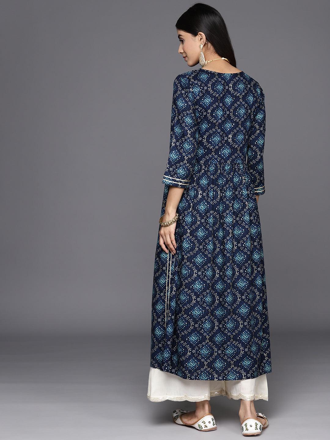 Navy Blue Printed Rayon A-Line Kurta - Libas