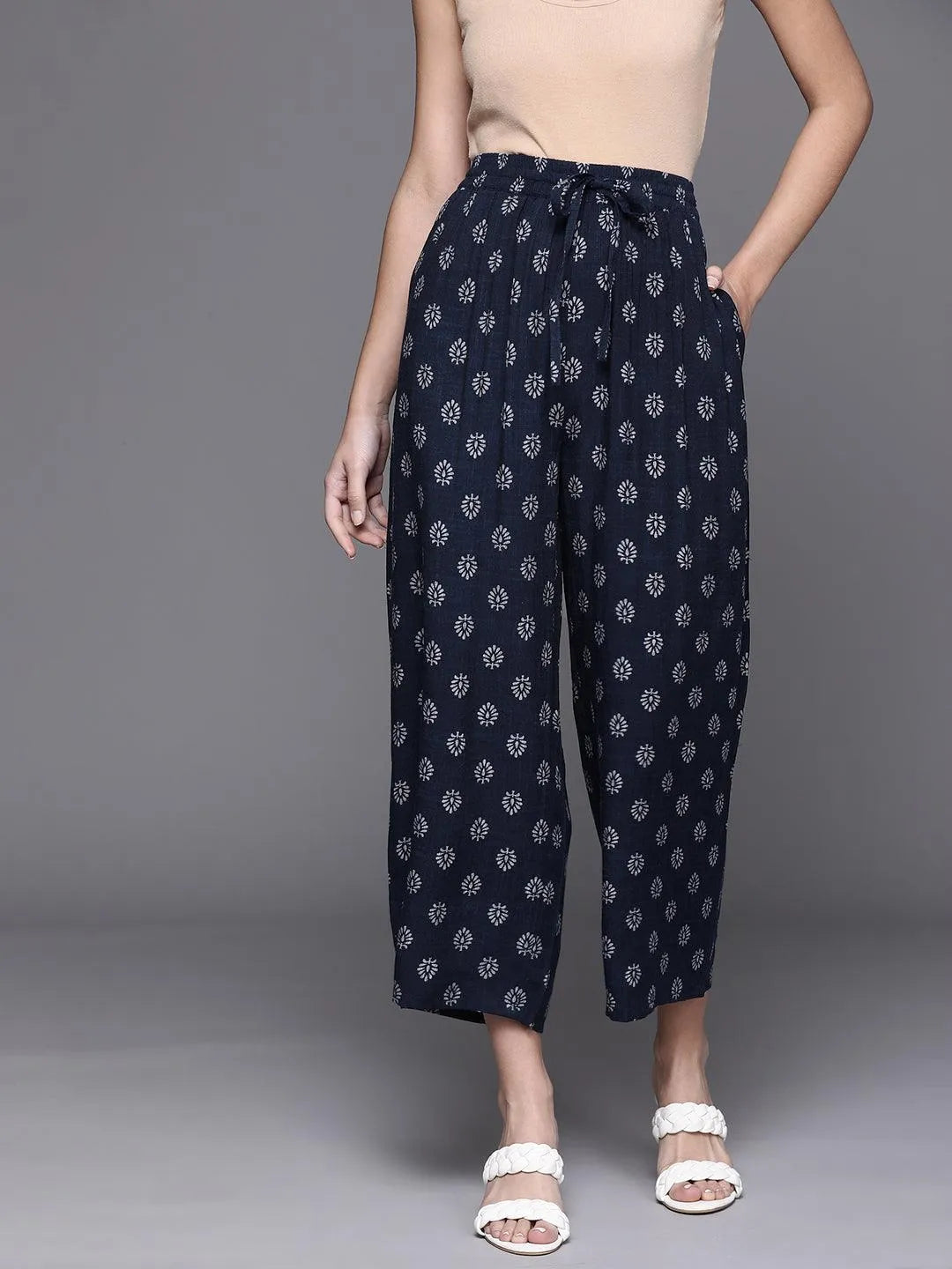 Navy Blue Printed Rayon Palazzos - Libas