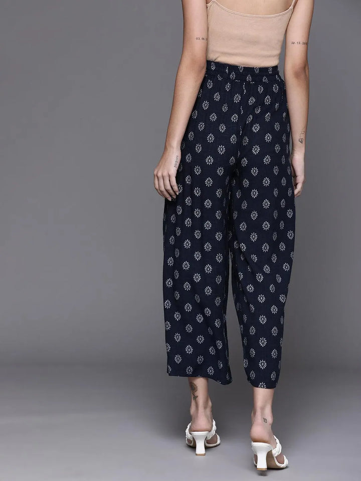 Navy Blue Printed Rayon Palazzos - Libas