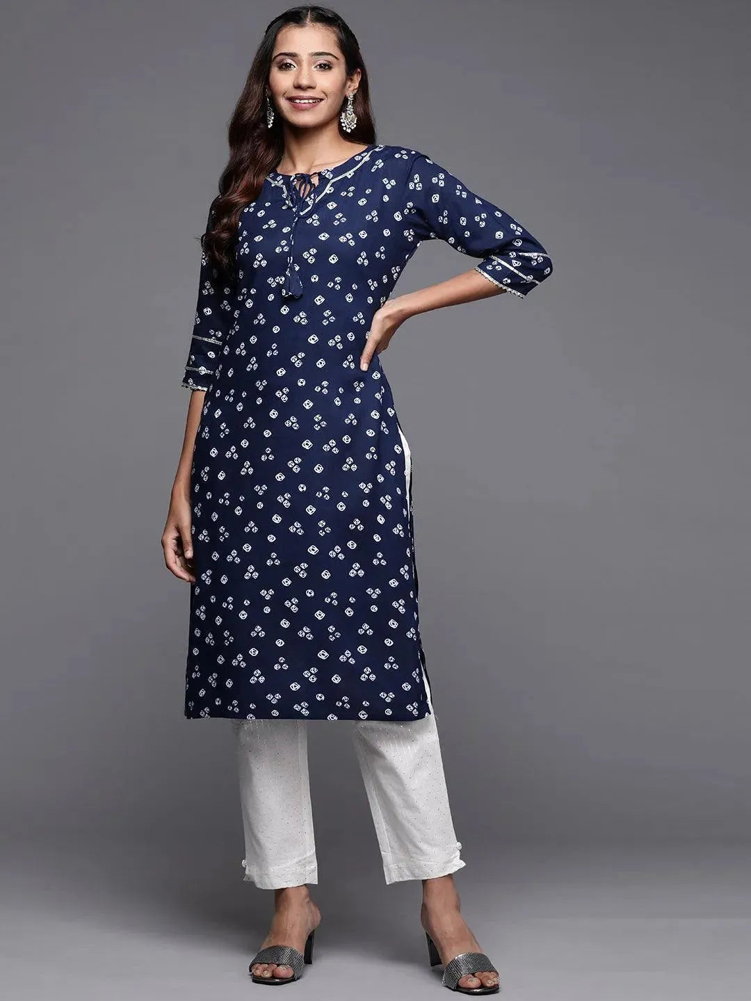 Navy Blue Printed Rayon Straight Kurta - Libas