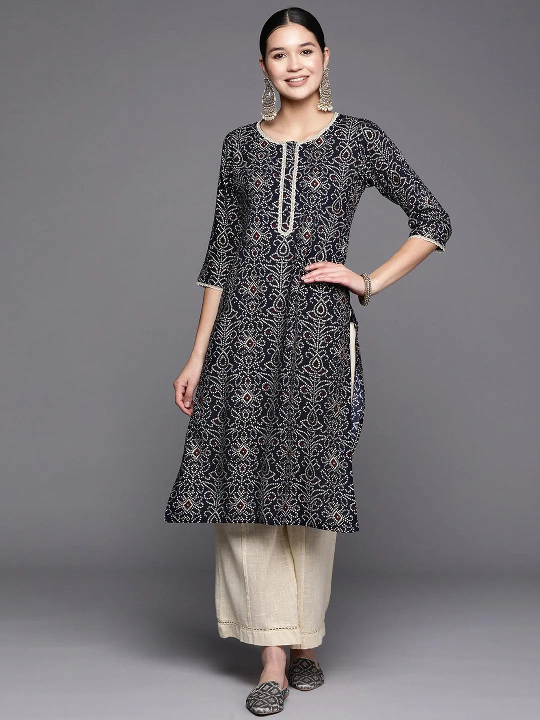 Navy Blue Printed Rayon Straight Kurta - Libas