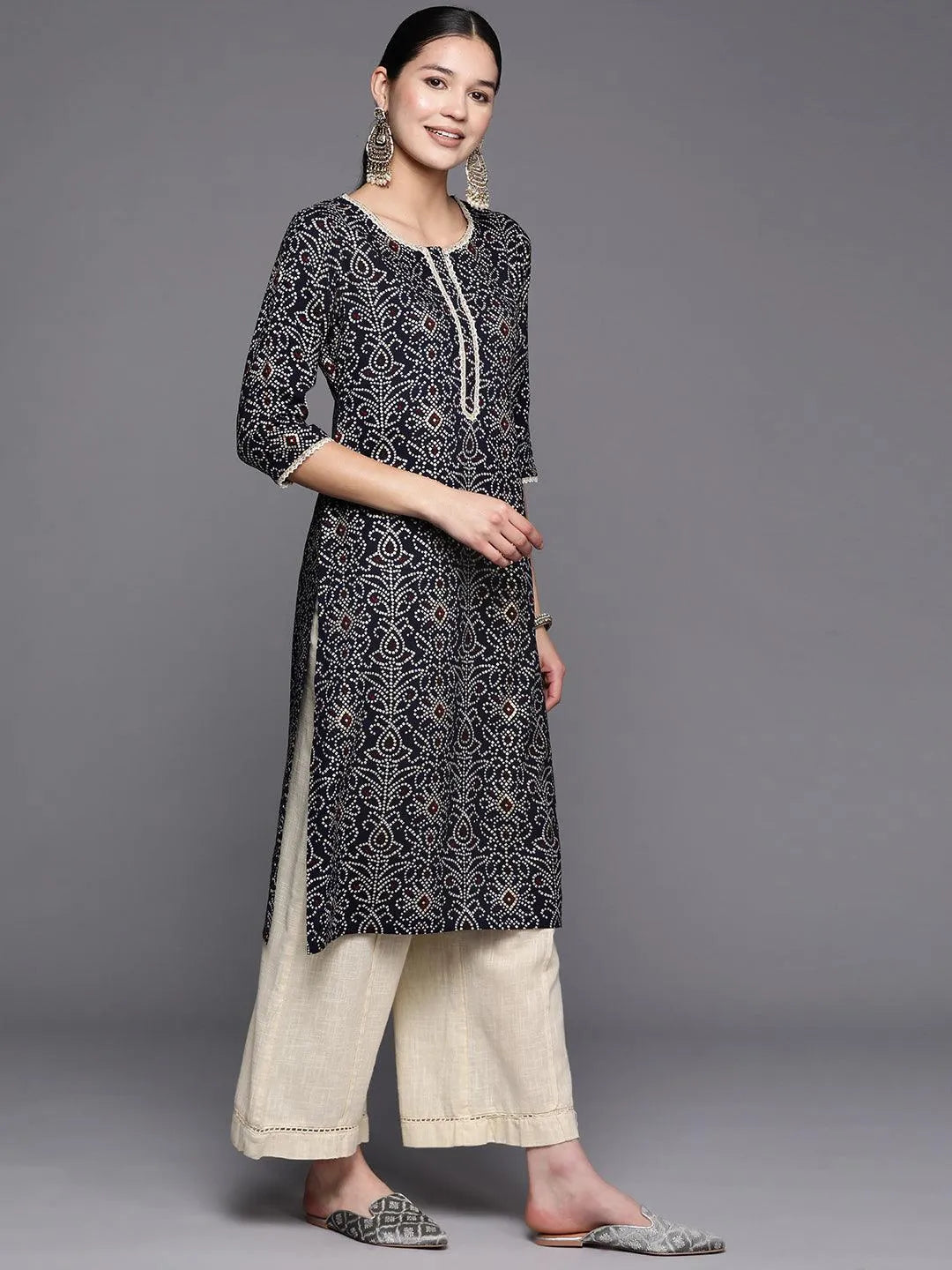 Navy Blue Printed Rayon Straight Kurta - Libas