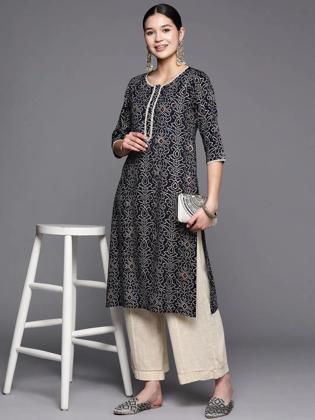 Navy Blue Printed Rayon Straight Kurta - Libas