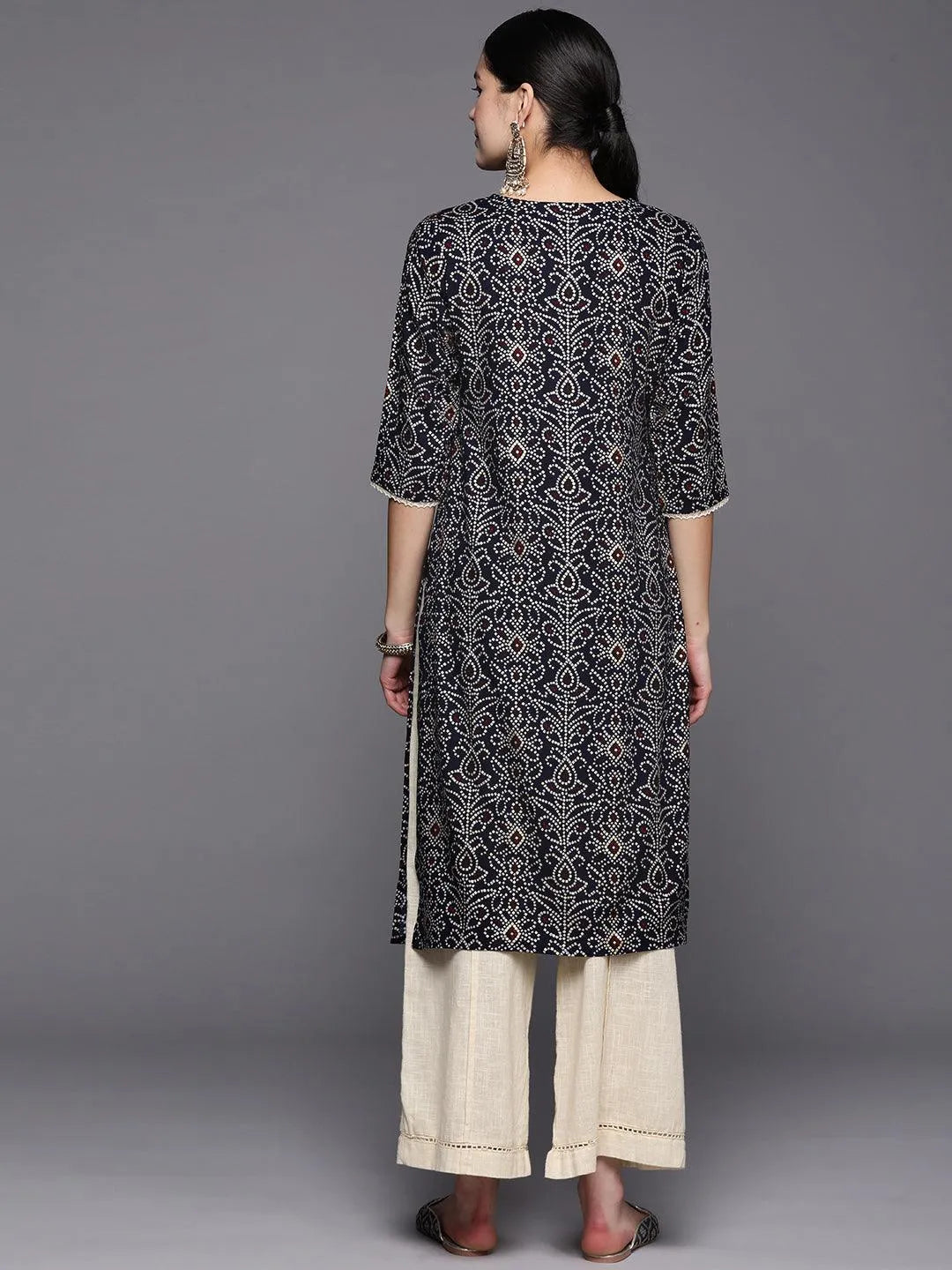 Navy Blue Printed Rayon Straight Kurta - Libas