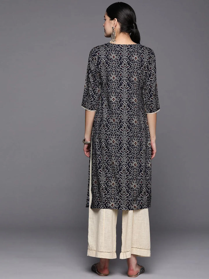 Navy Blue Printed Rayon Straight Kurta - Libas