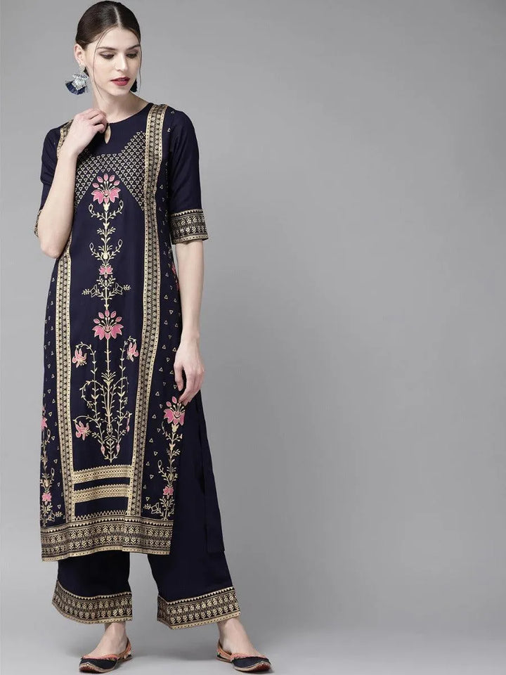 Navy Blue Printed Rayon Kurta Set - Libas