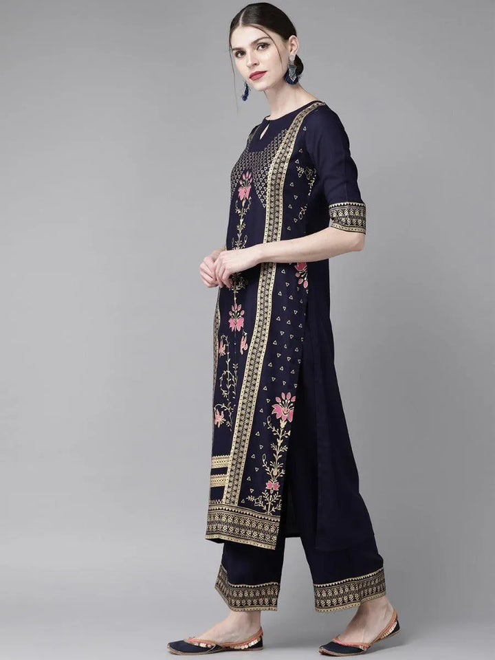 Navy Blue Printed Rayon Kurta Set - Libas