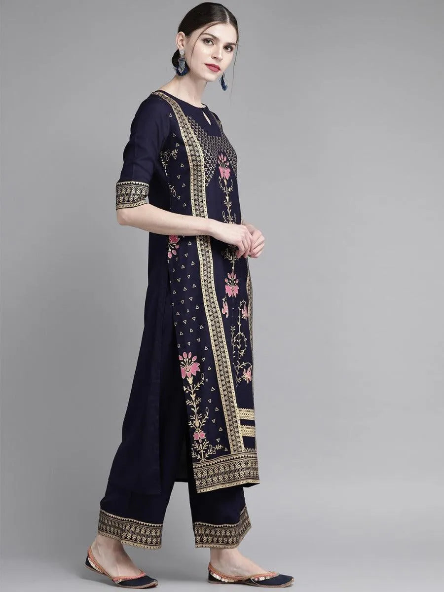 Navy Blue Printed Rayon Kurta Set - Libas