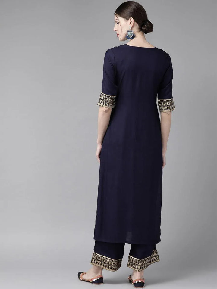 Navy Blue Printed Rayon Kurta Set - Libas