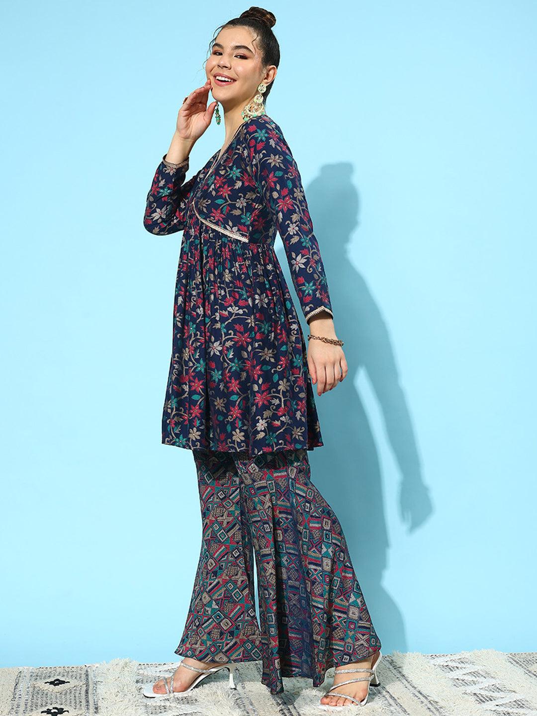 Navy Blue Printed Silk Blend A-Line Kurti With Sharara & Dupatta - Libas