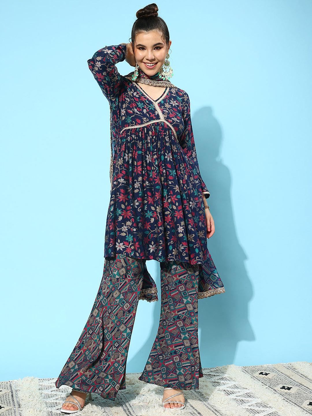 Navy Blue Printed Silk Blend A-Line Kurti With Sharara & Dupatta - Libas 