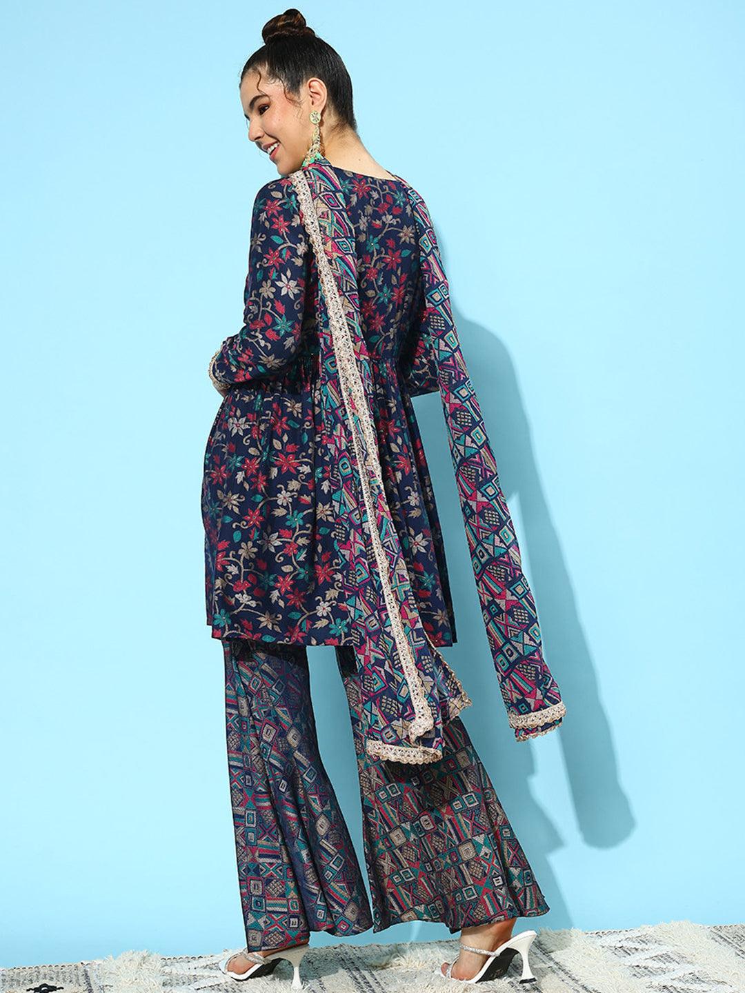 Navy Blue Printed Silk Blend A-Line Kurti With Sharara & Dupatta - Libas 