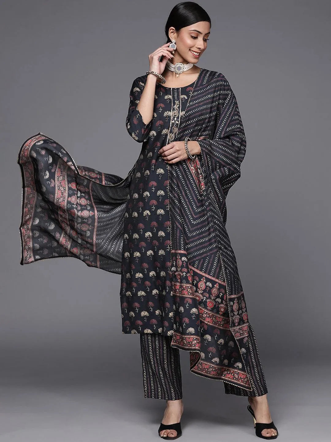 Navy Blue Printed Silk Blend Straight Suit Set - Libas