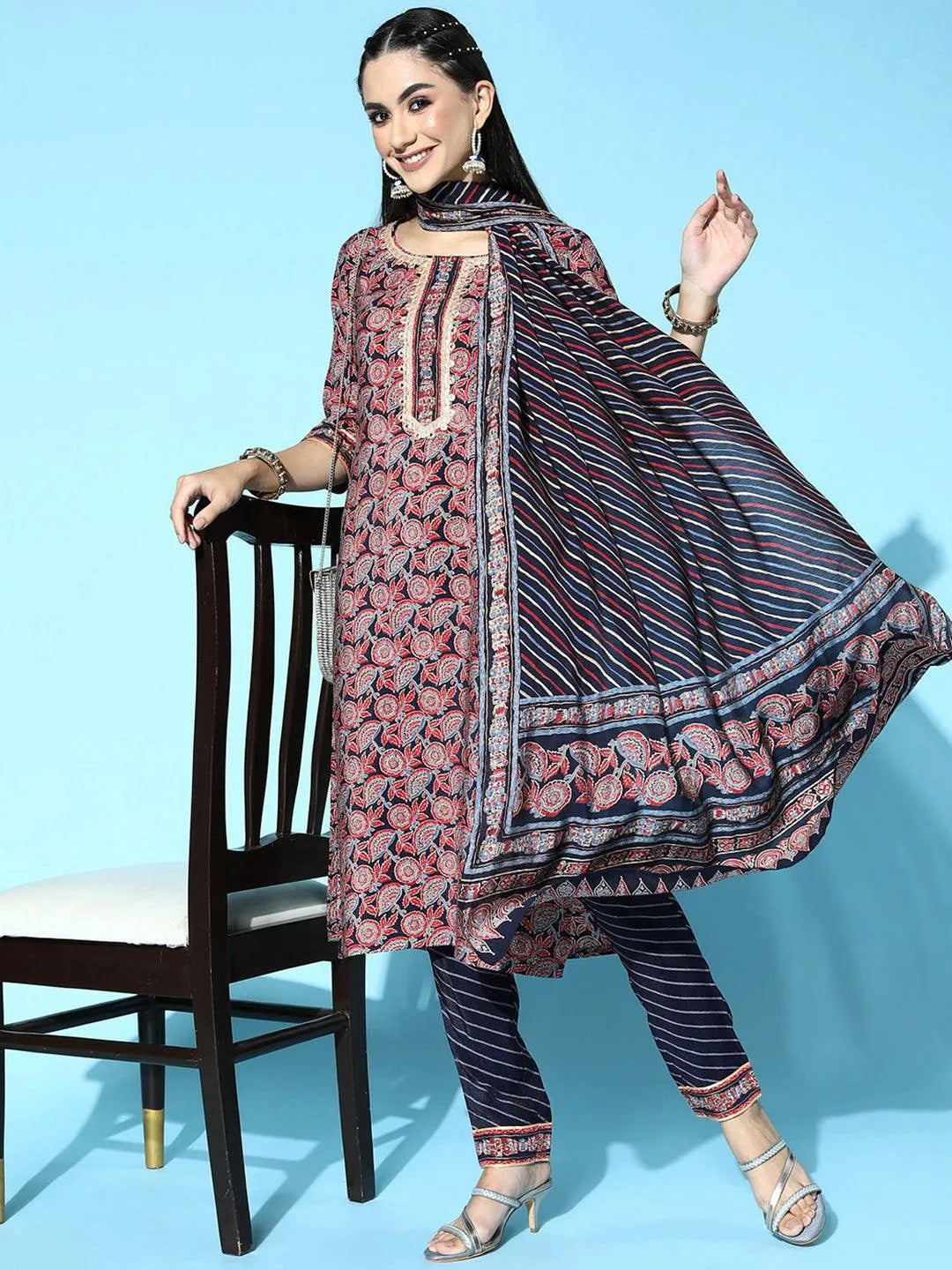 Navy Blue Printed Silk Blend Straight Suit Set - Libas 