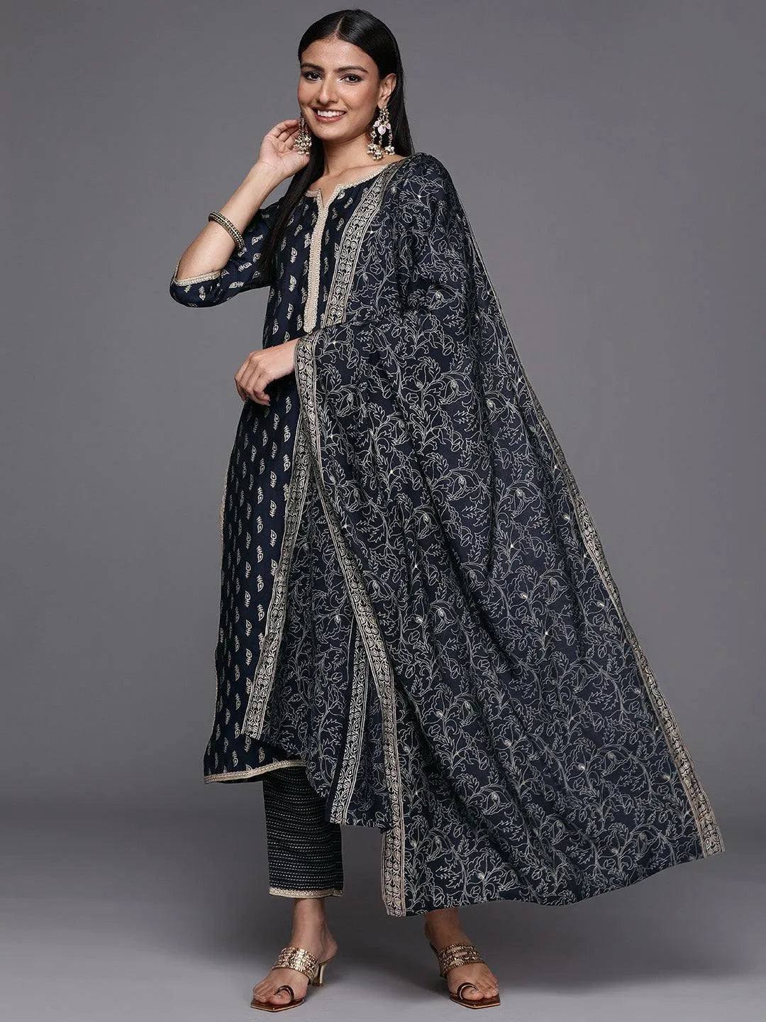 Navy Blue Printed Silk Blend Straight Suit Set - Libas