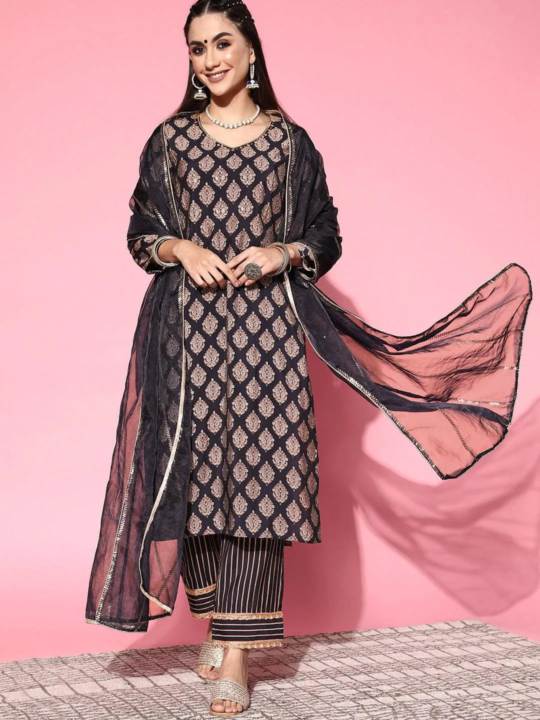 Navy Blue Printed Silk Blend Straight Suit Set - Libas 