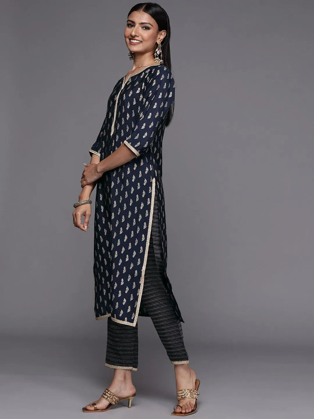 Navy Blue Printed Silk Blend Straight Suit Set - Libas