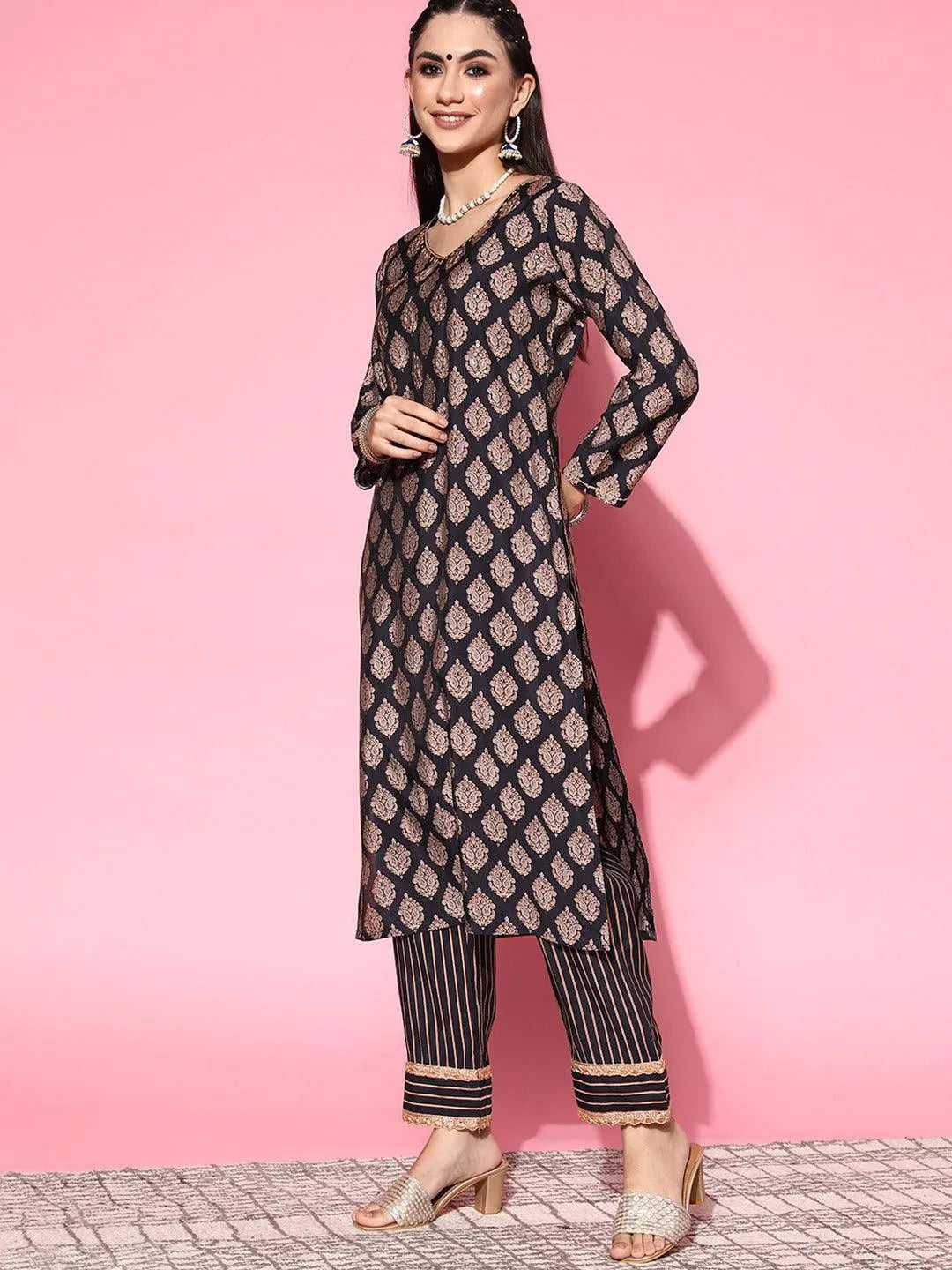 Navy Blue Printed Silk Blend Straight Suit Set - Libas 