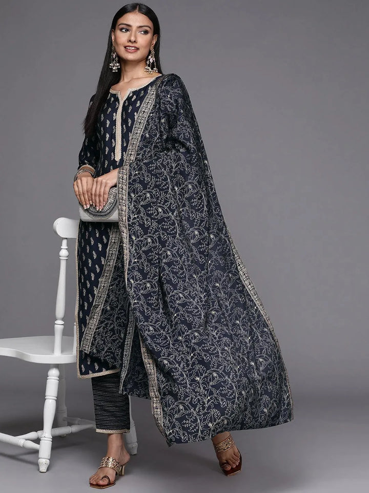 Navy Blue Printed Silk Blend Straight Suit Set - Libas