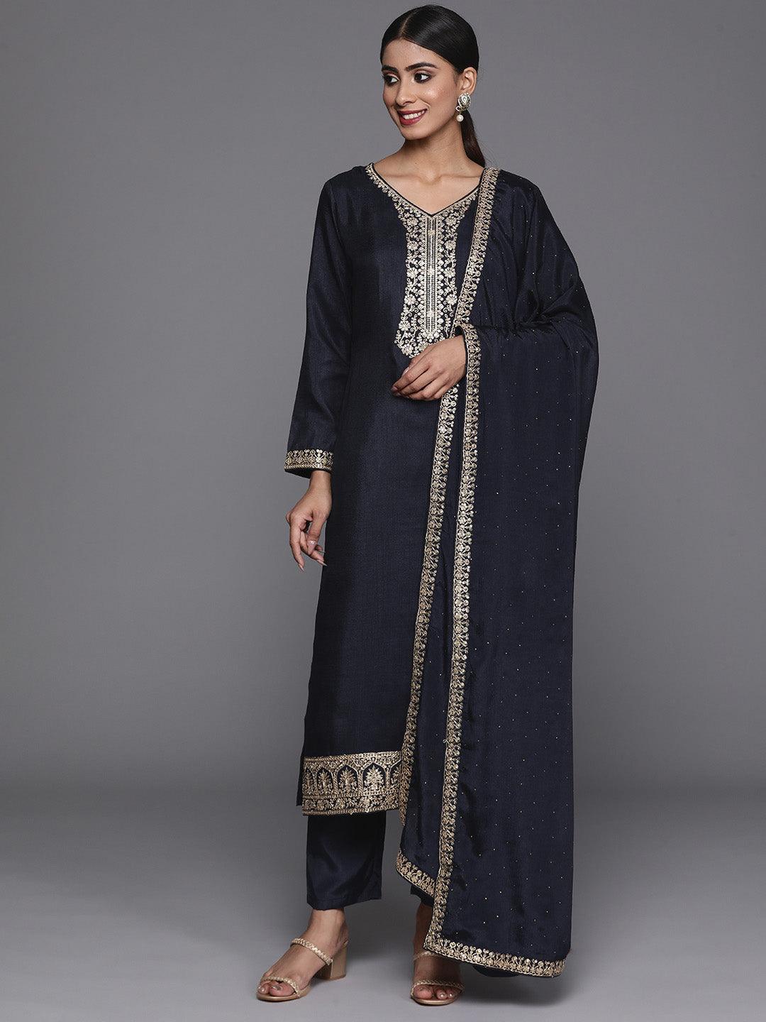 Navy Blue Printed Silk Blend Straight Kurta With Trousers & Dupatta - Libas