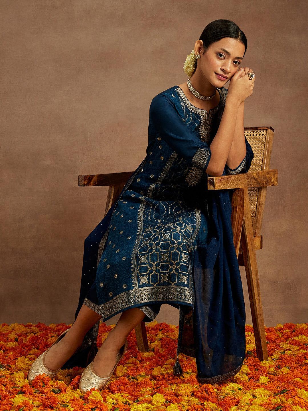 Navy Blue Printed Silk Blend Straight Kurta With Trousers & Dupatta - Libas 