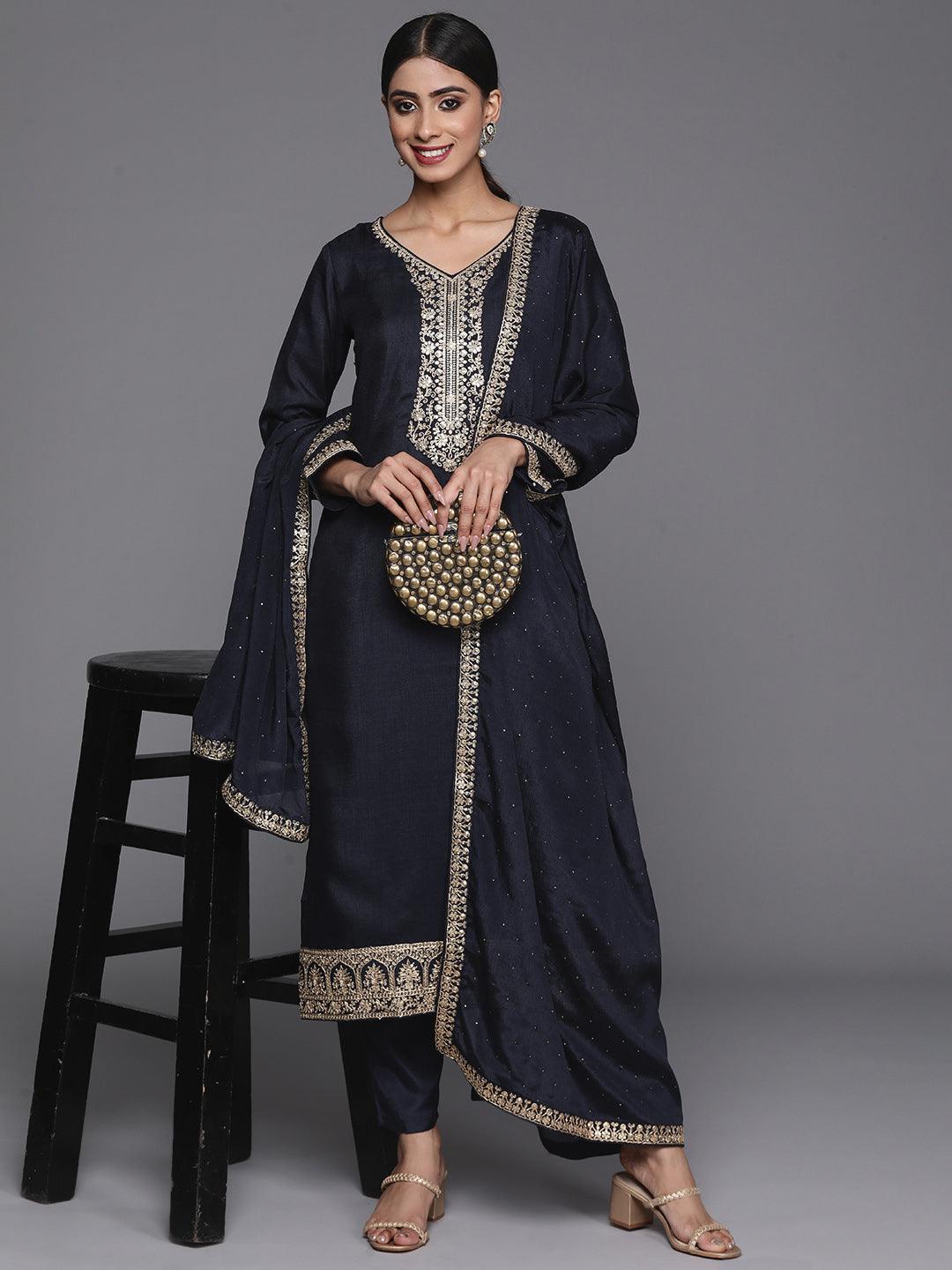 Navy Blue Printed Silk Blend Straight Kurta With Trousers & Dupatta - Libas