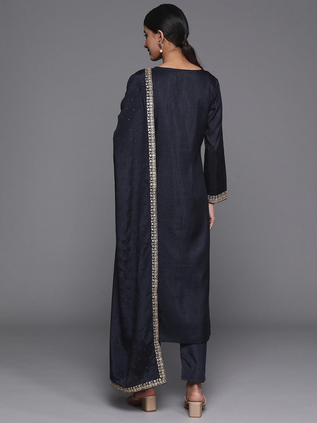 Navy Blue Printed Silk Blend Straight Kurta With Trousers & Dupatta - Libas