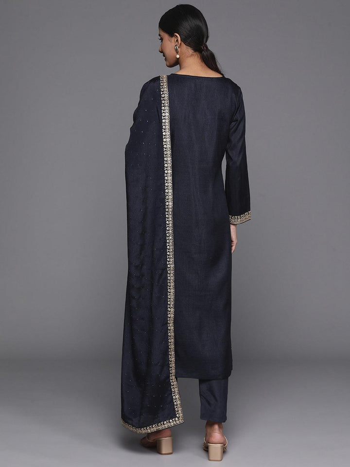 Navy Blue Printed Silk Blend Straight Kurta With Trousers & Dupatta - Libas