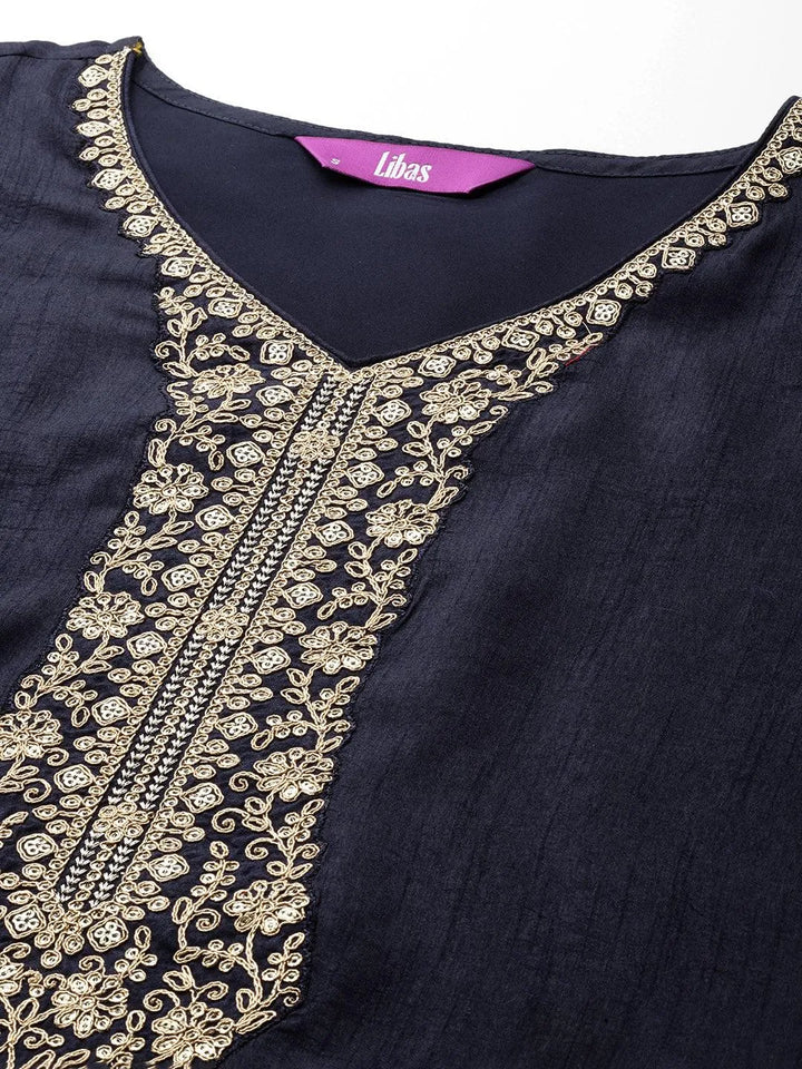 Navy Blue Printed Silk Blend Straight Kurta With Trousers & Dupatta - Libas