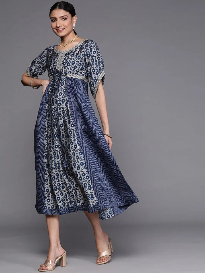 Navy Blue Printed Silk Dress - Libas