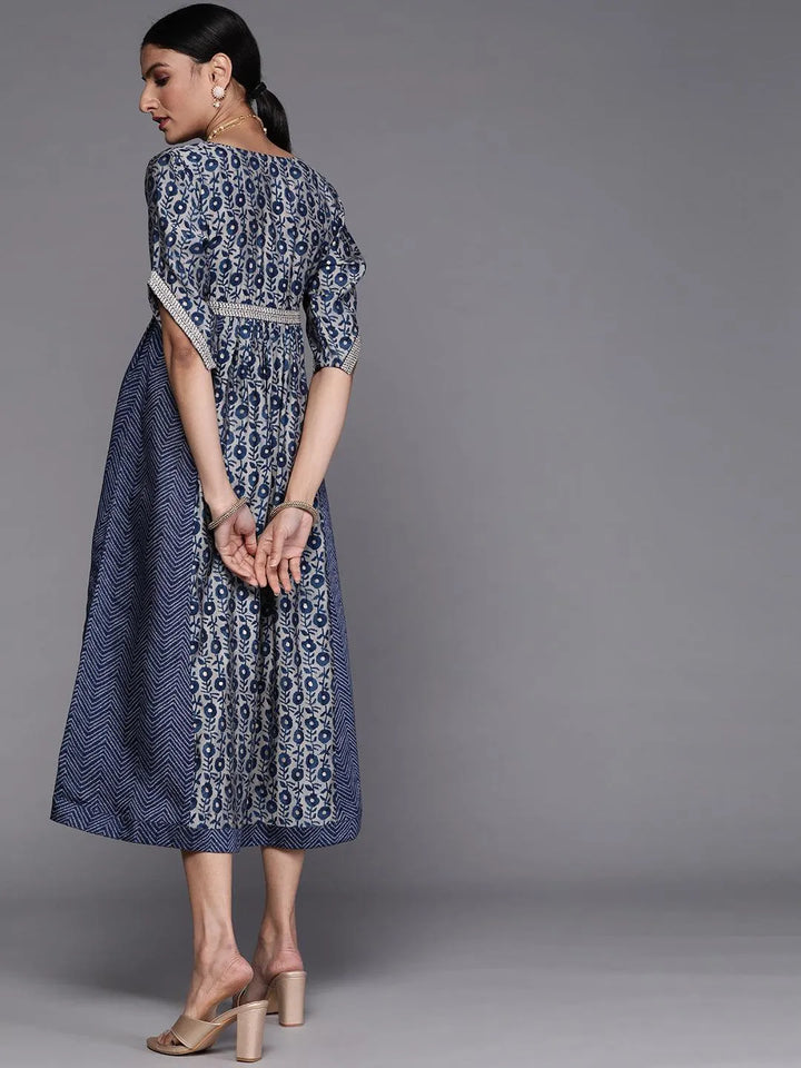 Navy Blue Printed Silk Dress - Libas