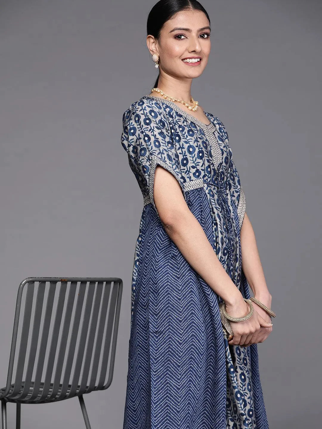 Navy Blue Printed Silk Dress - Libas