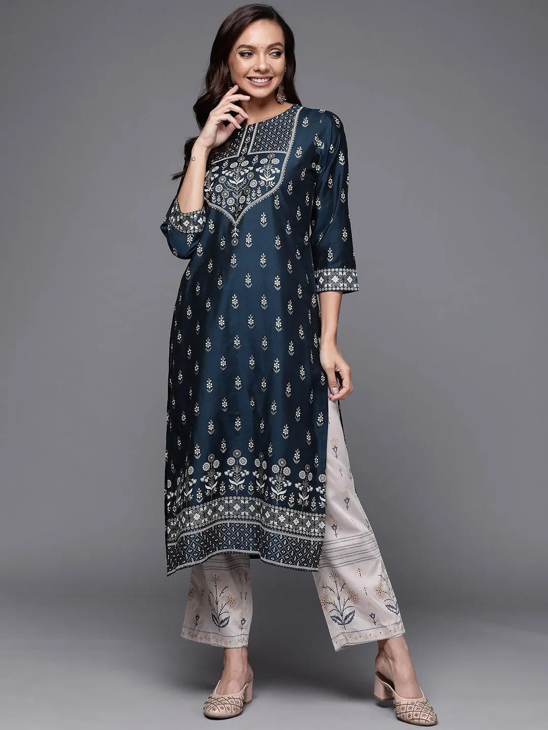 Navy Blue Printed Silk Kurta - Libas