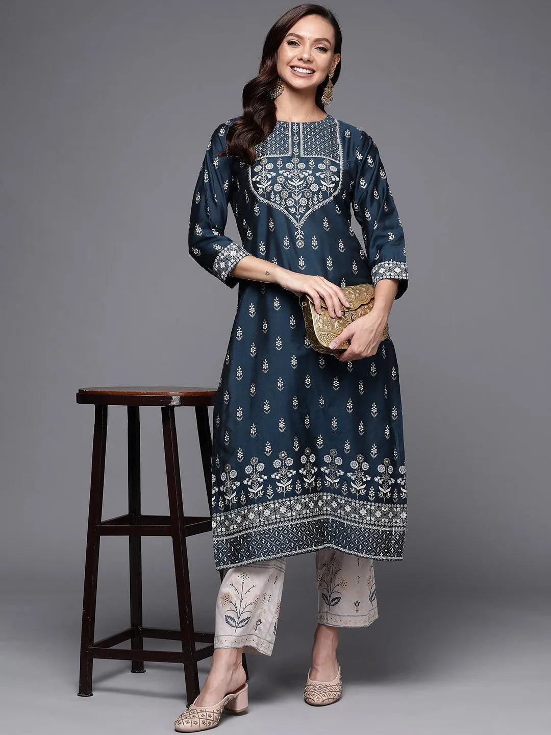 Navy Blue Printed Silk Kurta - Libas