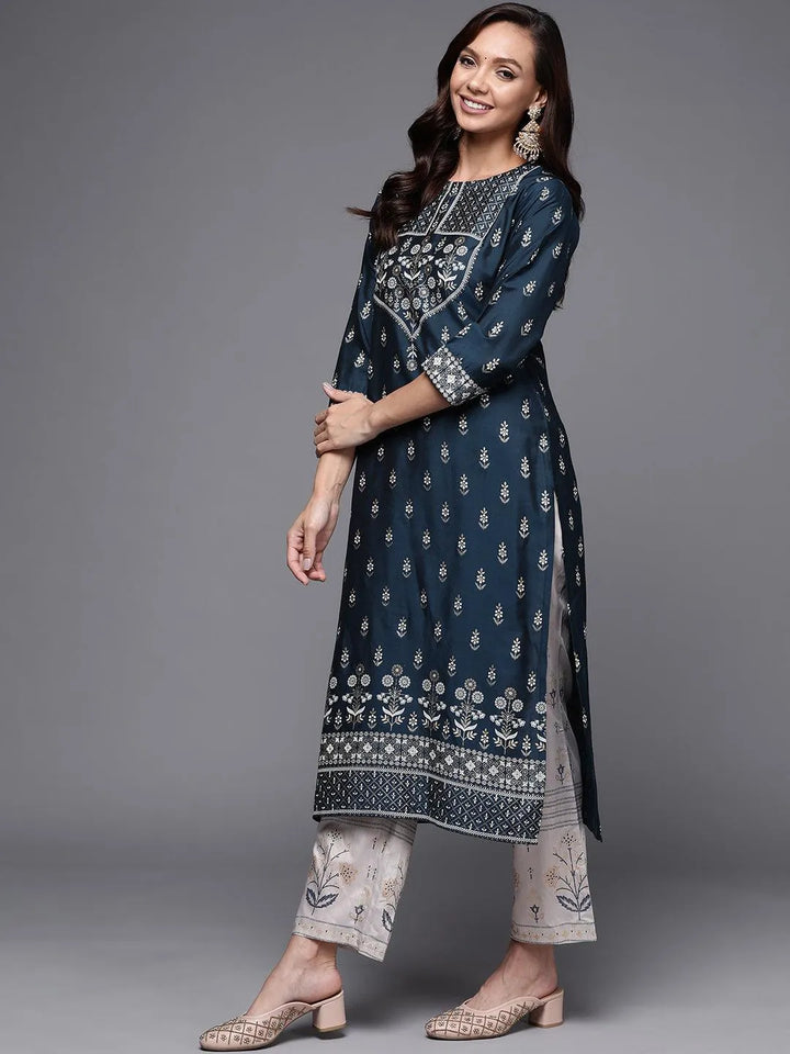 Navy Blue Printed Silk Kurta - Libas