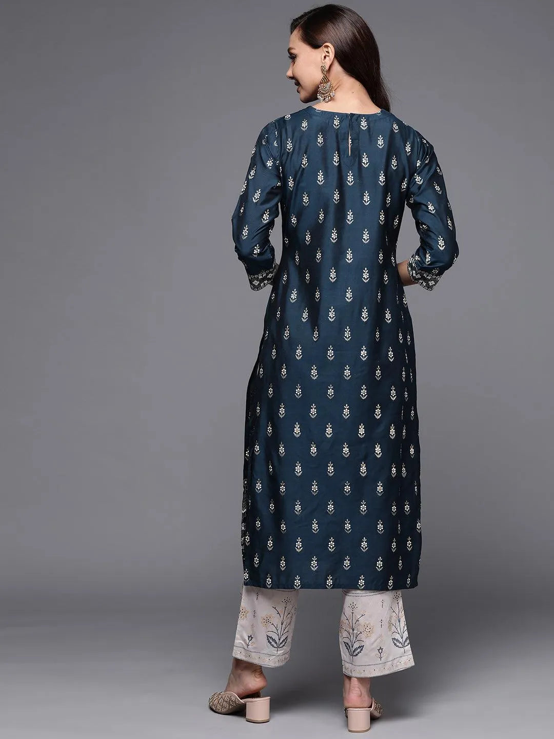 Navy Blue Printed Silk Kurta - Libas