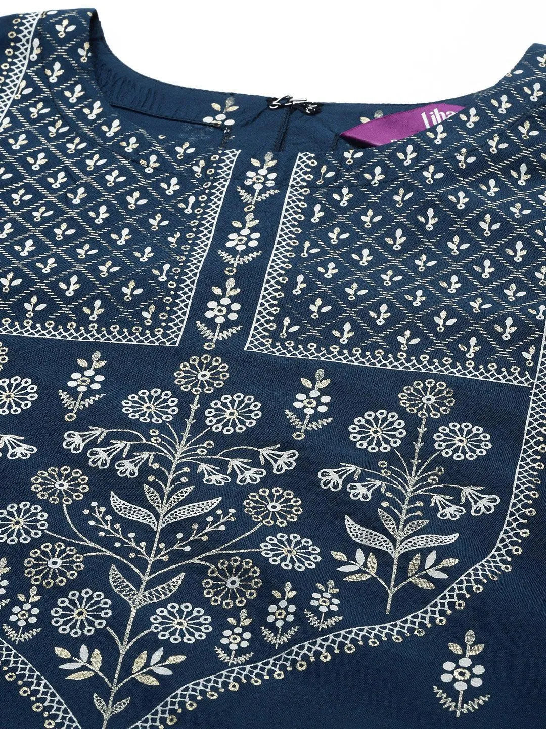 Navy Blue Printed Silk Kurta - Libas