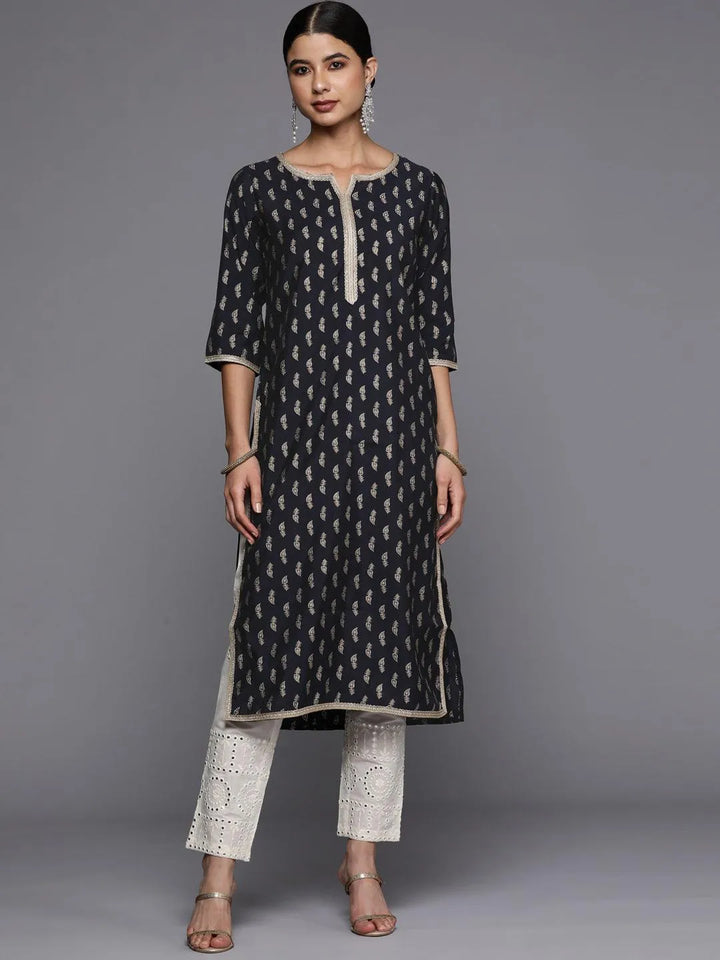 Navy Blue Printed Silk Straight Kurta - Libas