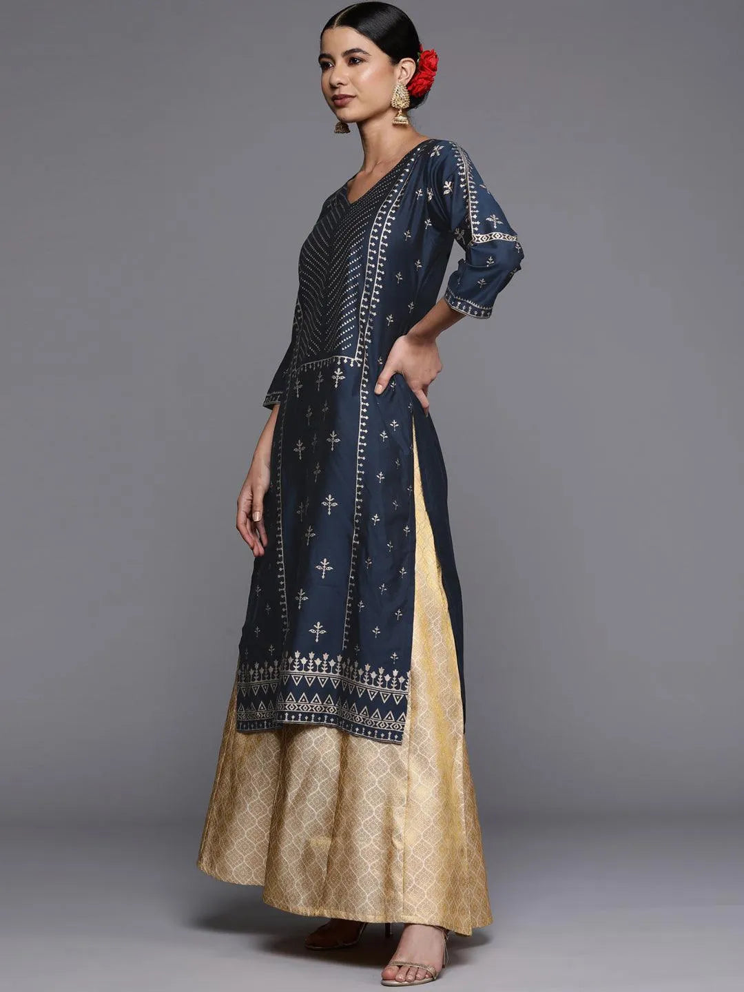 Navy Blue Printed Silk Straight Kurta - Libas 