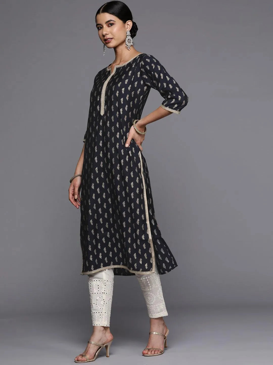 Navy Blue Printed Silk Straight Kurta - Libas