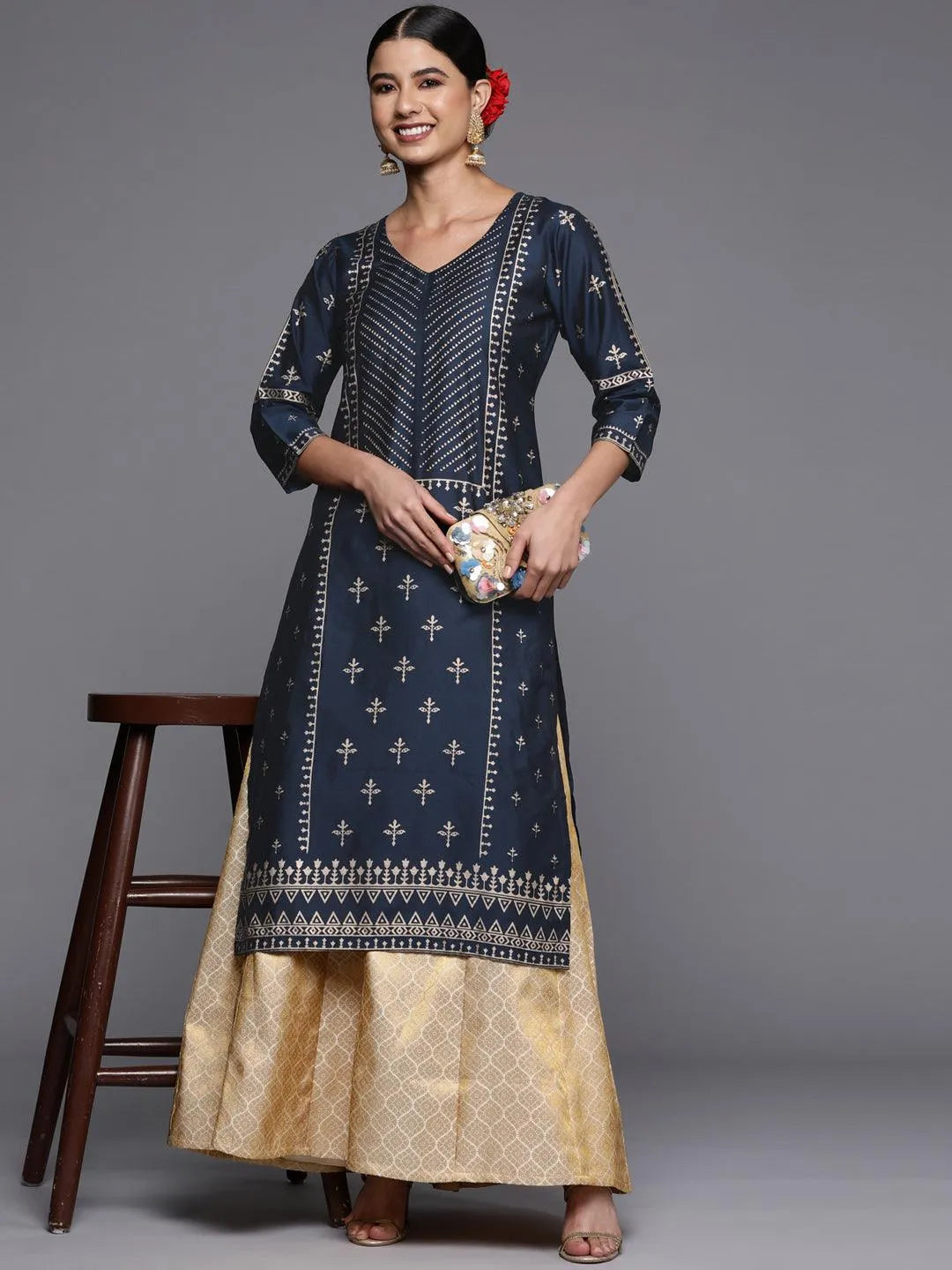 Navy Blue Printed Silk Straight Kurta - Libas