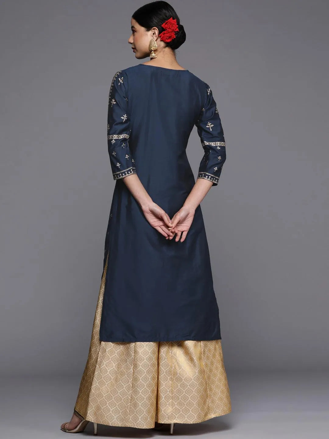 Navy Blue Printed Silk Straight Kurta - Libas 