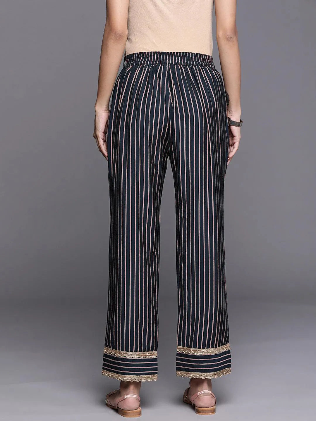 Navy Blue Printed Silk Trousers - Libas