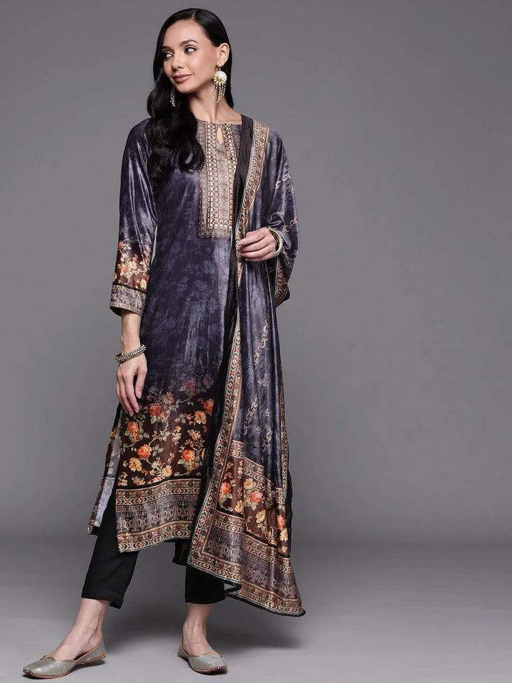 Navy Blue Printed Velvet Suit Set - Libas