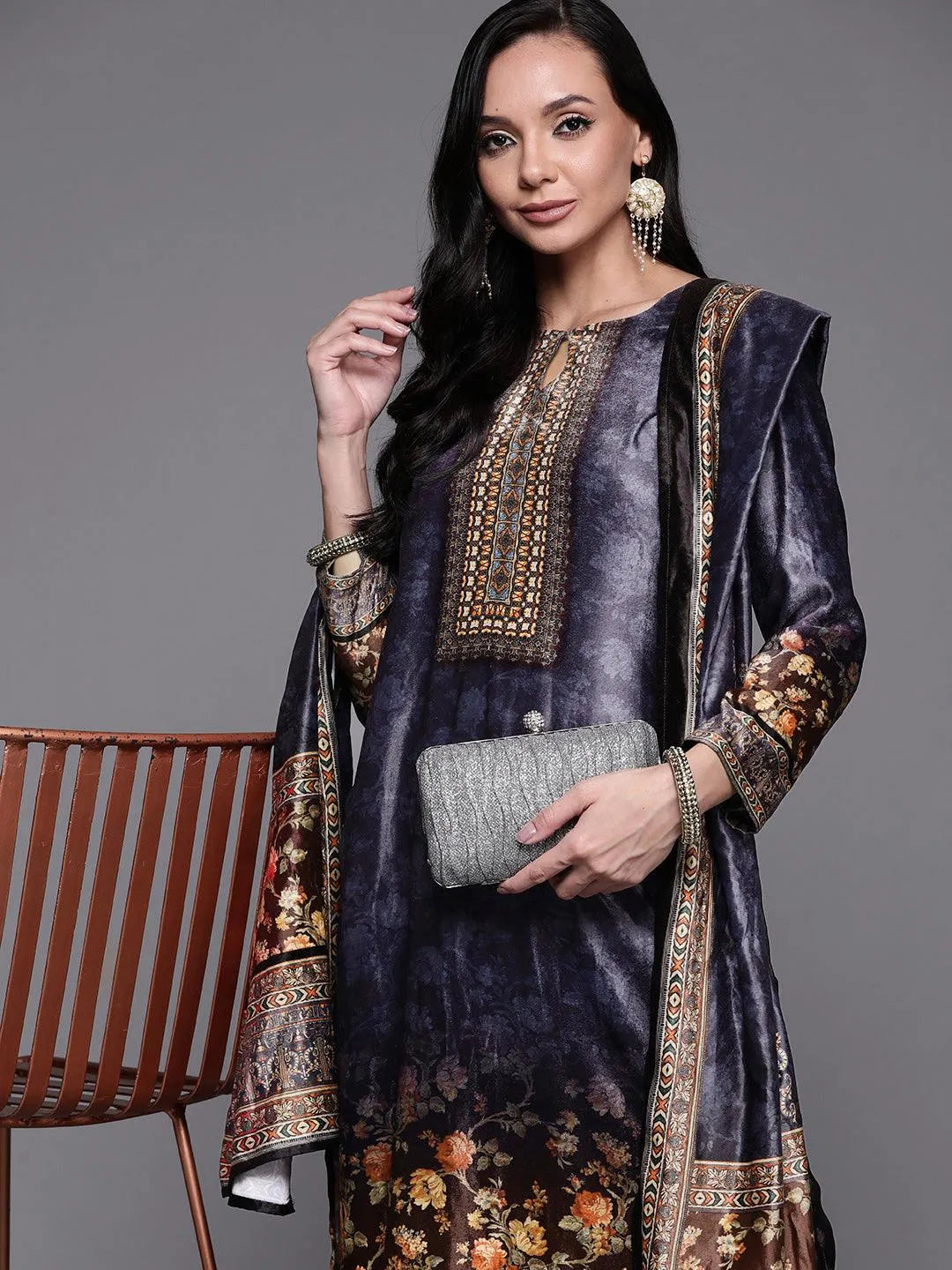 Navy Blue Printed Velvet Suit Set - Libas