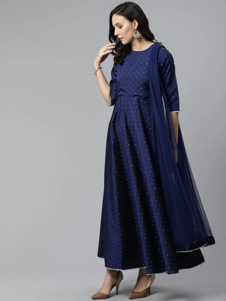 Navy Blue Self Design Chanderi Dress With Dupatta - Libas