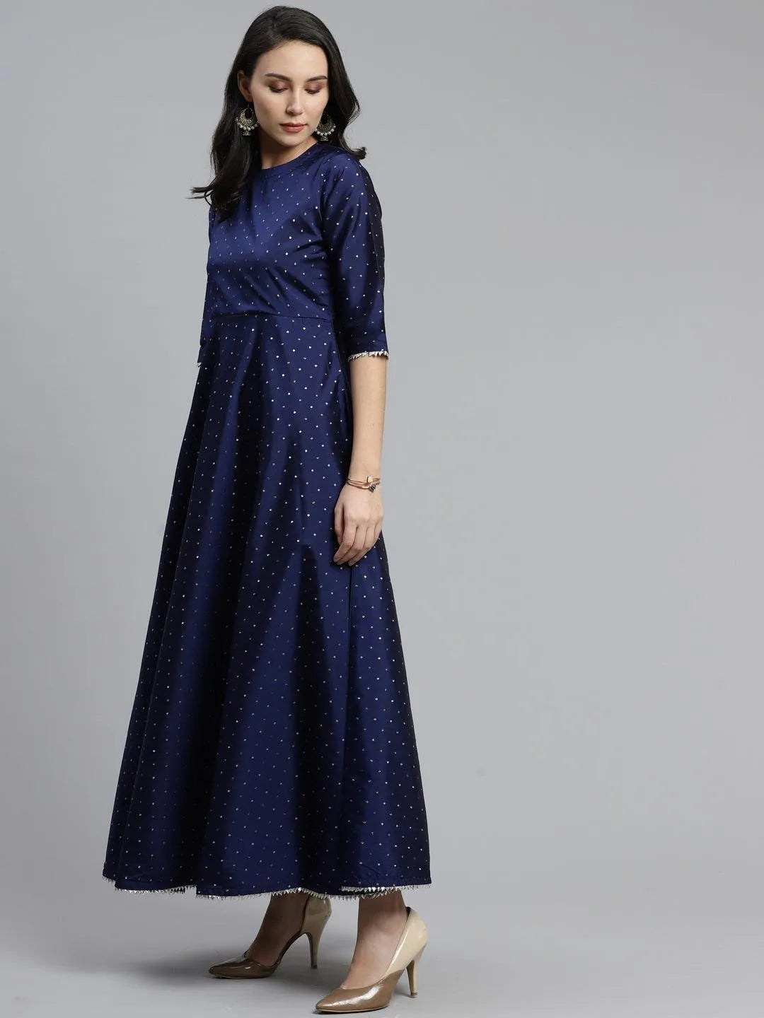 Navy Blue Self Design Chanderi Dress With Dupatta - Libas